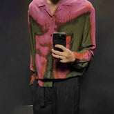 Threebooy Autumn Men's Red And Green Gradient Body Print Shirt Abstract Art Trend Casual Loose Comfortable Simple Thin Long-Sleeved Shirt