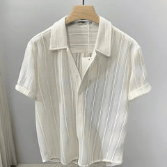 Threebooy New High-End Hollow Design Men's Summer Thin Short-Sleeve Shirt - Lapel Casual Top