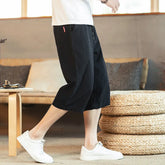 Threebooy Summer Men's Chinese Style Linen Casual Pants Cotton and Linen Crop Pants Loose Seven-minute