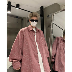 Threebooy Men's Tie-dye Corduroy Shirts Long Sleeve Streetwear Shirt Korean Style Woman Men Soft Loose Casual Shirt Autumn New Pink/Black