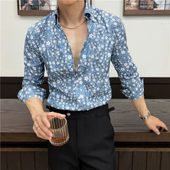 Threebooy Spring New Fashion V Neck Long Sleeve Floral Shirts for Men Clothing Slim Fit Casual Prom Tuxedo Chemise Homme Streetwear