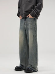 Threebooy New Men's Distressed Baggy Straight Jeans Fashion Raw Edge Wide Leg Trousers High Street Korean Denim Pants Male Trendy Brand