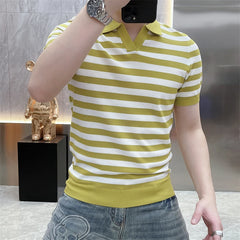 Threebooy Summer Striped Knitted Polo T-shirts Men Short Sleeve Casual Business Lapel Tshirt Slim Fit Ice Silk Breathable Knitwear