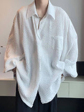 Threebooy Long-sleeved Shirt Men's Summer Trend White Button Up Blouse Men Hong Kong Style Handsome Jacket Wave Texture Niche Top