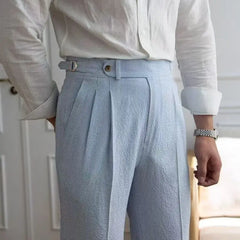 Threebooy Fashion Men's Italian Style Naples Suit Pants Blue Stripes Seersucker High Waist Paris Buckle Trouser England Business Casual Pa
