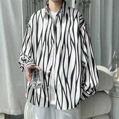 Threebooy Men's Long Sleeve Striped Shirts Spring New Korean Button Up Shirt Unisex Fashion Casual Oversize Blouse Printed Clothing
