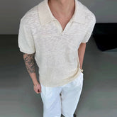 Threebooy New Trend Men Seagull Collar Polo Shirt Light Luxury Textured Slim T-shirts Leisure Short Sleeve Solid Color Breathable Knitwear