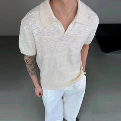 Threebooy New Trend Men Seagull Collar Polo Shirt Light Luxury Textured Slim T-shirts Leisure Short Sleeve Solid Color Breathable Knitwear