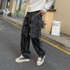 Threebooy Streetwear Loose Ink Personality American Denim Pants Men's New Retro Straight Leg Pants
