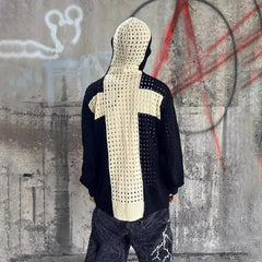 Threebooy Mens Sweater Black White Contrast Cross Hollow Sweater Autumn Streetwear Fashion All-Match Trend Long-Sleeved Top Men'S Clothing