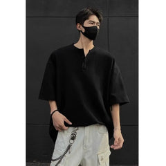 Threebooy American Cleanfit Shirt Henry Neck Waffle Short-sleeved Blouse Men's Summer Retro T-shirt High-end Gray O-neck Half Button Shirt