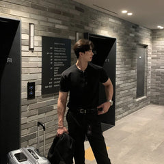 Threebooy Summer Clothing Men's Luxury Henry Collar T-Shirt Korean Button-down Solid Color Short Sleeve Tees for Men New