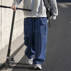 Threebooy Men's Baggy Homme Casual Pants Classic Cargo Straight Pants Pocket Decorate Jeans Biker Denim Blue Color Trousers M-5XL