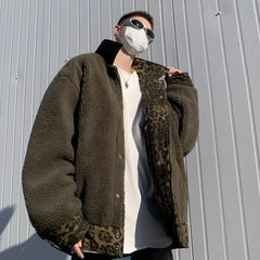 Threebooy Leopard Padded Jacket Men Winter Trendy Double-sided Imitation Sherpa Coat American Animal Print Warm Parkas Hip Hop