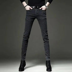 Threebooy Spring Summer Jeans Men's Korean Slim Feet Trousers Stretch Casual Striped Trousers
