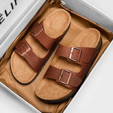 Threebooy Leather Mens Cork Slippers Adjustable Double Buckles Comfort Clogs Soft Health Footbed Men Women Leopard Print Sandals