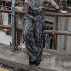 Threebooy American High Street Streetwear Jeans Men Spliced Heavy Industry Graffiti Distressed Zipper Jeans Men and Women Same Style