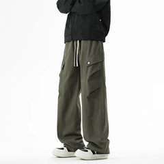 Threebooy Men's Cotton Cargo Pants High Street Comfortable Loose Fit Wide Leg Pants Side Pockets Drawstring Waist Trousers Man Workwear