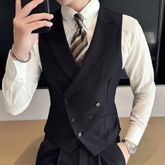 Threebooy Men Vest Black With Lapel Solid Double Button Waistcoat For Wedding Groom Banquet Business Casual Work Daily Men Suit Vest