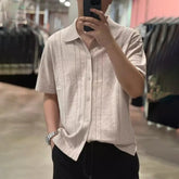 Threebooy Mens Shirts Geometric Eyelet Breathable Knitted Shirts Summer Casual Streetwear Versatile Short Sleeve Tops Men'S Clothing