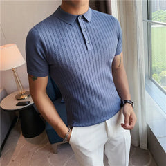 Threebooy High Quality Summer Ice Silk Short Sleeve Knitted Polo Shirt Men Clothing Turn Down Collar Slim Fit Casual Tee Shirt Homme