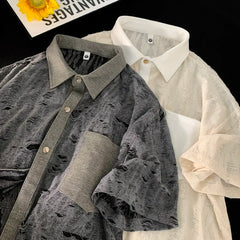 Threebooy Men Streetwear Hollow Hole Short-sleeved T-shirt Hip Hop Single-breasted Short-sleeved Shirt Summer Trendy Couple Fashion Tops