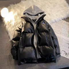 Threebooy Winter Fake Two-Piece Hooded Cotton-Padded Coat Style Loose PU Leather Cotton-Padded Coat
