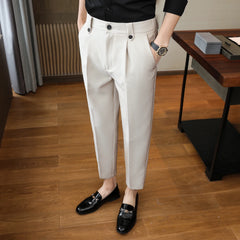 Threebooy Summer Casual Pants Men Slim Fit Business Dress Pants Ankle Length Streetwear Office Social Suit Trousers Black Grey Khaki