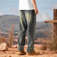Threebooy Korean Style Street Loose Jeans, Fashionable Polka Dot Print Loose Straight Wide Leg Pants Y2k Hip Hop Denim Trousers Brand
