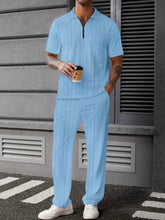 Threebooy Jacquard textured knitted polo shirt, a fashionable and casual men's short-sleeved shirt and long pants two-piece set