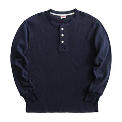Threebooy Classic Men's Waffle T-shirt Knit Henley Collar Long Sleeve Pure Cotton Casual Tee Regular Fit 230g