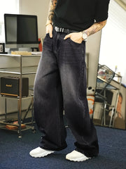 Threebooy 1Pc Men's Daily Travel Casual American Street Loose Jeans, Black, Light Blue, Sea Blue Fashion Street Style Retro Lantern Jeans Denim Pants