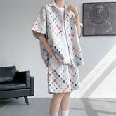 Threebooy Summer 2 Pieces Set Men Color Hole Tracksuit Men's Short Sleeve Shirt +Shorts Harajuku Streetwear Oversized Men Sets 5XL-M