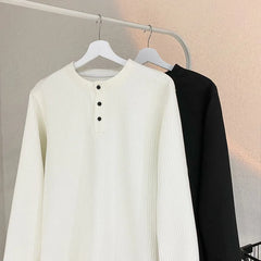 Threebooy Spring NEW Mens Long Sleeve T Shirts Casual Round Neck Tees Button design White Black Undershirts Loose Fit Tshirts