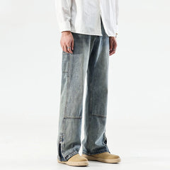 Threebooy High Street Jeans Men's Spring and Autumn American Retro Straight Leg Pants Zipper Floor Pants