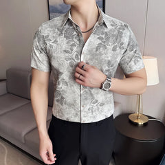 Threebooy High Quality Printed Short Sleeved Shirt for Men Slim Fit Casual Pleated Shirt Business and Social Ironless Shirt Men Clothing
