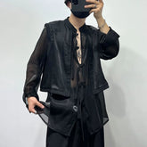 Threebooy Mens Sexy Mesh See-Through Irregular Long-Sleeve Tops Genderless 2024 New Dark Style Stitching Double Layer Hollow Tops Unisex