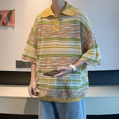 Threebooy New Trend Men Fashion Striped Polo Shirt Light Luxury Hollow Out Knitted T-shirt Korean Style Summer Casual Short Sleeve Tops