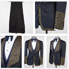 Threebooy Men Suit Set 2 Pieces Trousers Golden Crystals Slim Fit Wedding Tuxedo Formal Customized For Wedding Prom