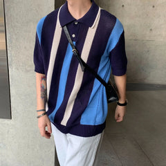 Threebooy Summer Hip Hop Men and Women Trendy Personalized Hollow Stripe Color blocked Knitted Polo Shirt Korean Casual Short Sleeve y2k