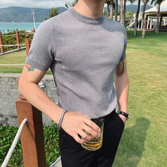 Threebooy Men Pure color T-Shirt Clothing Streetwear Round Neck Shirt Fashion Knit Slim Thin Autumn Short Sleeve T-shirts Tops S-3XL