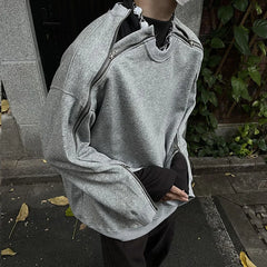 Threebooy Men's Chic Zipper Sweatshirt Light Luxury Long Sleeve Solid Color O Neck Korean Popular Retro Loose Leisure Streetwear Clothing