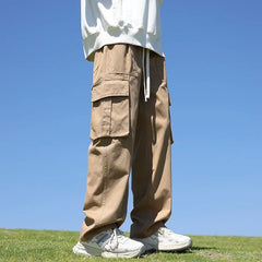 Threebooy 6 Colors Men's 100% Cotton Cargo Casual Pants Baggy Straight Elastic Waist Comfortable Trousers Fashion Streetwear Male Clothes