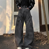 Threebooy Retro American Washed Dirty Grey Denim Jeans High Street Loose Fit Men's Women's Long Pants with Big Pockets Straight Leg