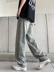 Threebooy White Jacquard Full-Print Flared Jeans for Men, European and American High Street Vibe, Straight Loose Narrow-Fit Casual Wide-Leg Pants