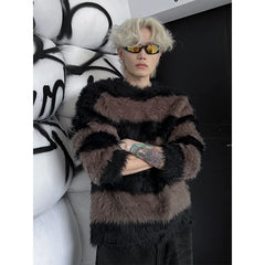 Threebooy Autumn and winter new Korean lazy style striped sweater men's loose casual knitted sweater top