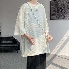 Threebooy Base shirt Men Summer Oversized Half Sleeve T-Shirt Semi Transparent Perforated Breathable Streetwear Casual Comfort Tee