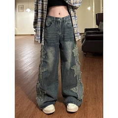 Threebooy Y2K Streetwear Star Patch Embroidery Baggy Stacked Jeans Pants For Men Clothes Wide Leg Old Straight Denim Trousers