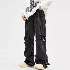 Threebooy Y2K Streetwear Black Baggy Ripped Stacked Jeans Cargo Pants For Men Clothing Straight Denim Trousers Pantalon Homme