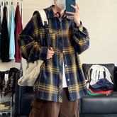 Threebooy Oversized Long Sleeved Shirt Men Retro Plaid Shirt Men Japanese Streetwear Loose Casual Shirt Mens Vintage Shirts Plus Size 5XL